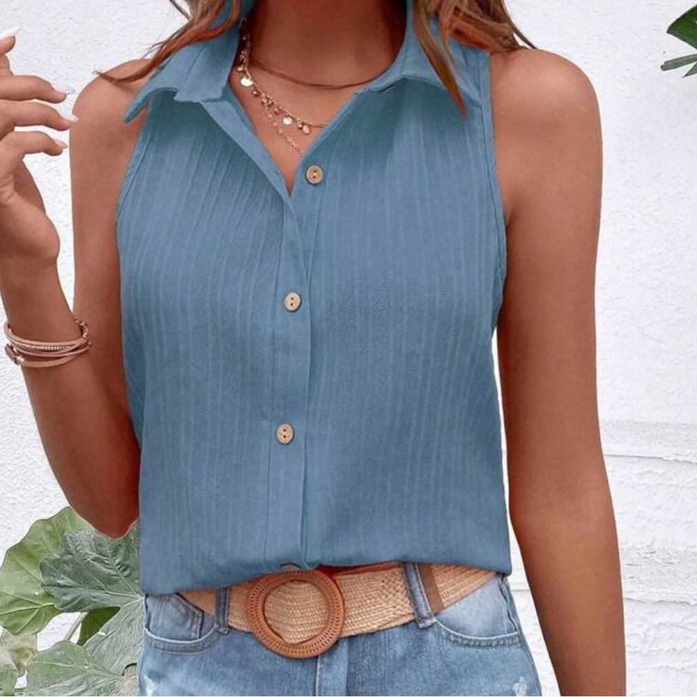 New Blue Ribbed Button Down Tank Top - Picture 3 of 4